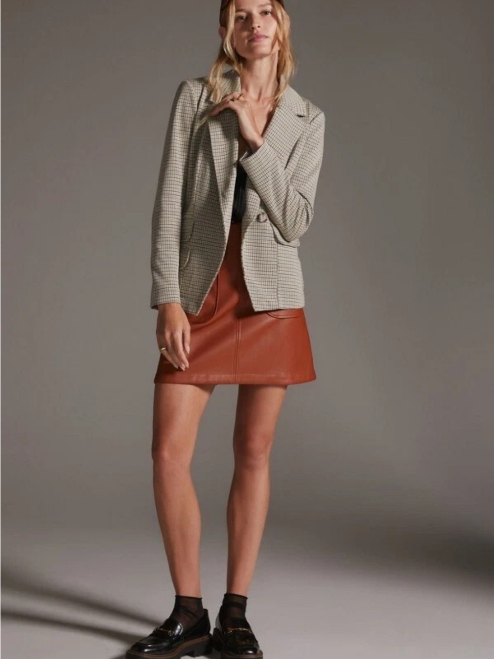 Maeve Anthropologie Collegiate‎ Knit Blazer Asymmetrical Check Brown Small NWT